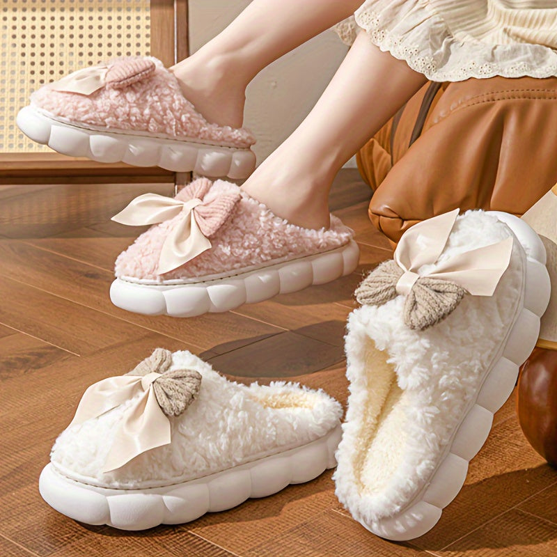 1 Pair Women's Winter Warm Plush Slippers, Casual Solid Color Bowknot Indoor House Shoes, Thick Sole Non-Slip Warm Footwear, Essential Autumn/Winter Home Slides with Superfine Fiber Insole and TPU Sole